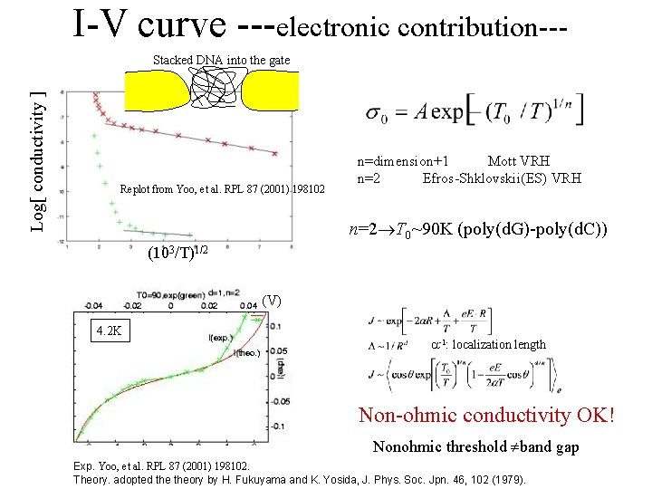 I-V curve ---electronic contribution--Log[ conductivity ] Stacked DNA into the gate Replot from Yoo,