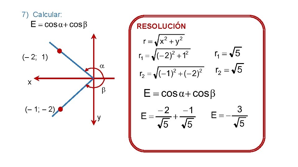 7) Calcular: RESOLUCIÓN (– 2; 1) x (– 1; – 2) y 