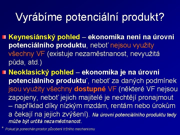 Vyrábíme potenciální produkt? Keynesiánský pohled – ekonomika není na úrovni potenciálního produktu, neboť nejsou