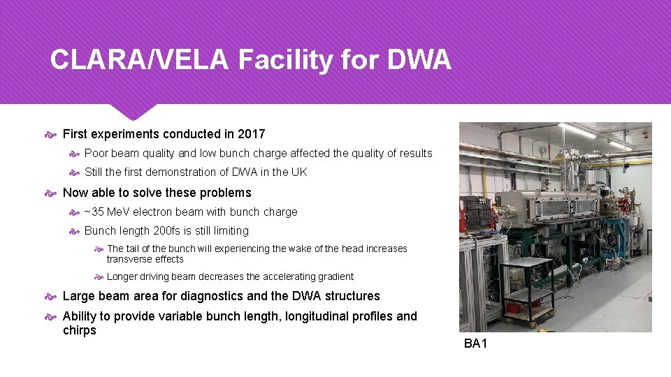 CLARA/VELA Facility for DWA First experiments conducted in 2017 Poor beam quality and low