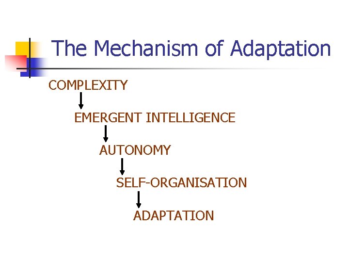 The Mechanism of Adaptation COMPLEXITY EMERGENT INTELLIGENCE AUTONOMY SELF-ORGANISATION ADAPTATION 