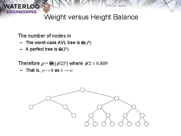 BB(a) trees 29 Weight versus Height Balance The number of nodes in – The