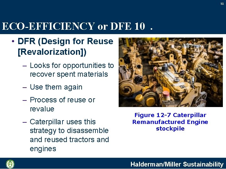 32 ECO-EFFICIENCY or DFE 10. • DFR (Design for Reuse [Revalorization]) – Looks for