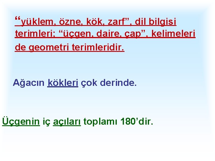 “yüklem, özne, kök, zarf”, dil bilgisi terimleri; “üçgen, daire, çap”, kelimeleri de geometri terimleridir.