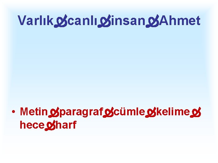Varlık canlı insan Ahmet • Metin paragraf cümle kelime hece harf 