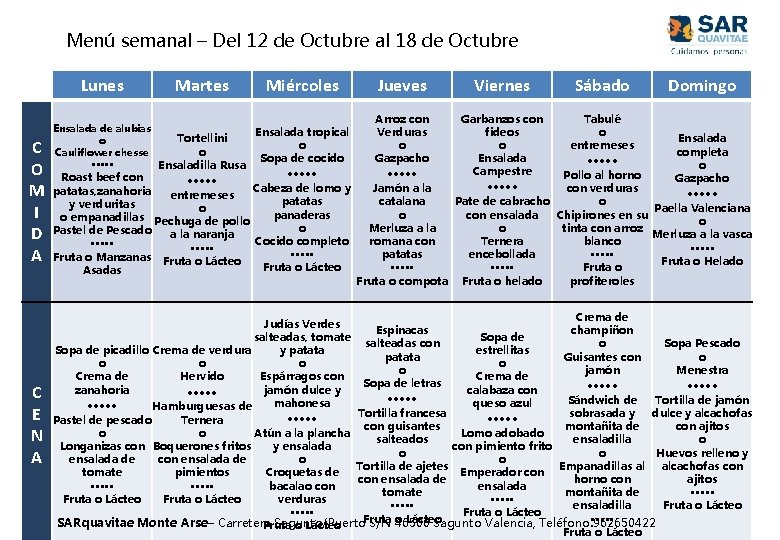 Menú semanal – Del 12 de Octubre al 18 de Octubre Lunes C O