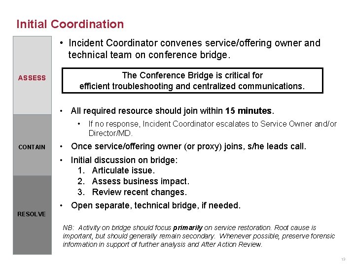 Initial Coordination • Incident Coordinator convenes service/offering owner and technical team on conference bridge.