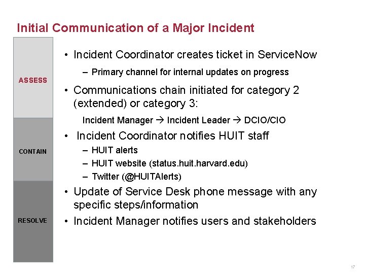 Initial Communication of a Major Incident • Incident Coordinator creates ticket in Service. Now