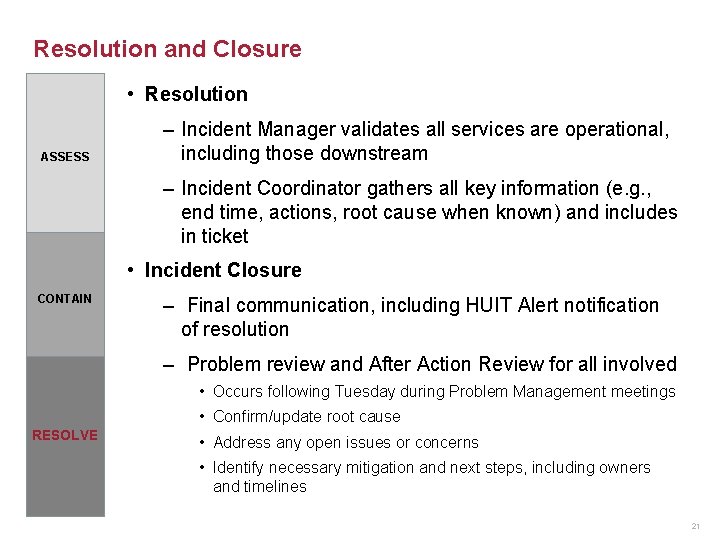 Resolution and Closure • Resolution ASSESS – Incident Manager validates all services are operational,