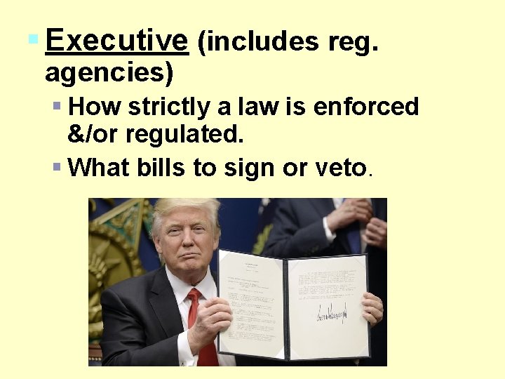 § Executive (includes reg. agencies) § How strictly a law is enforced &/or regulated. § Executive (includes reg. agencies) § How strictly a law is enforced &/or regulated.