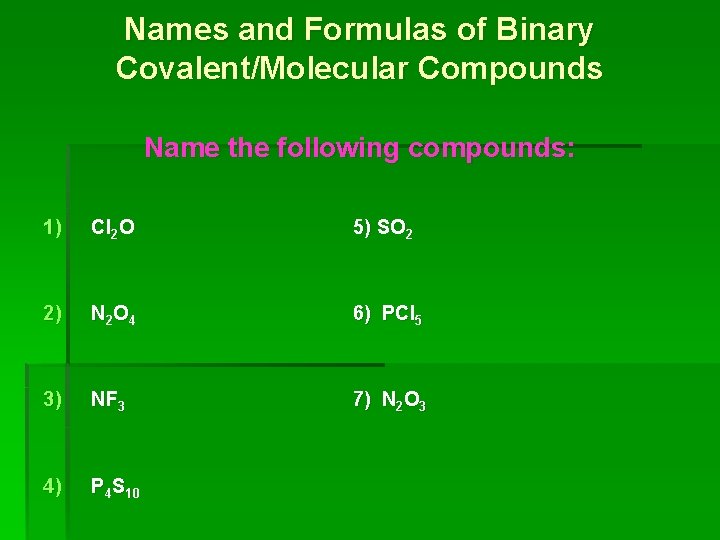 Names and Formulas of Binary Covalent/Molecular Compounds Name the following compounds: 1) Cl 2