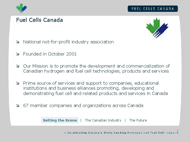 Fuel Cells Canada æ National not-for-profit industry association æ Founded in October 2001 æ