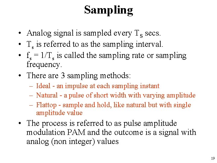 Sampling • Analog signal is sampled every TS secs. • Ts is referred to