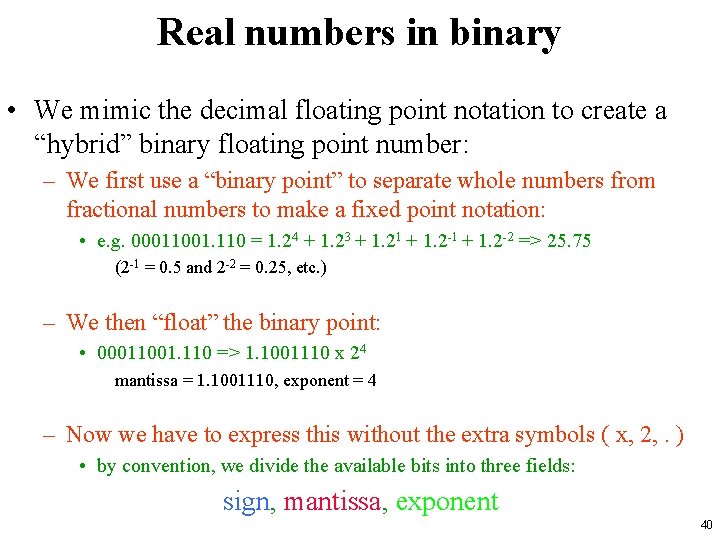 Real numbers in binary • We mimic the decimal floating point notation to create
