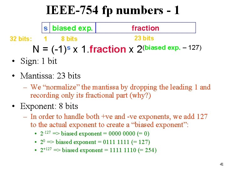 IEEE-754 fp numbers - 1 s biased exp. 32 bits: 1 8 bits fraction