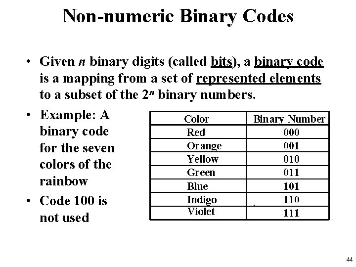 Non-numeric Binary Codes • Given n binary digits (called bits), a binary code is