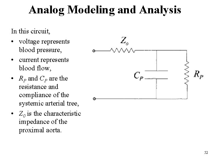 Analog Modeling and Analysis In this circuit, • voltage represents blood pressure, • current