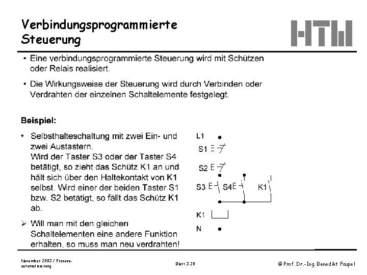 Verbindungsprogrammierte Steuerung November 2003 / Prozessautomatisierung Blatt 3. 20 © Prof. Dr. -Ing. Benedikt