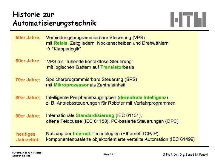 Historie zur Automatisierungstechnik November 2003 / Prozessautomatisierung Blatt 3. 8 © Prof. Dr. -Ing.
