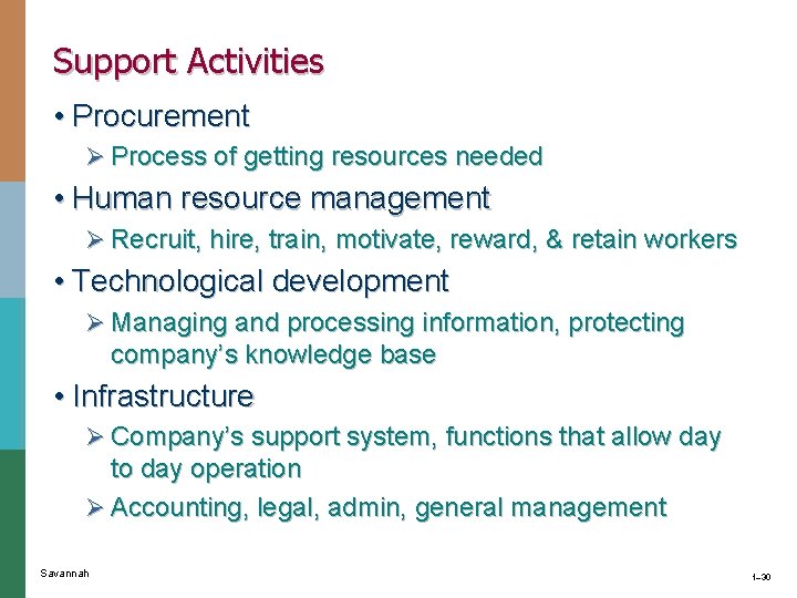 Support Activities • Procurement Ø Process of getting resources needed • Human resource management