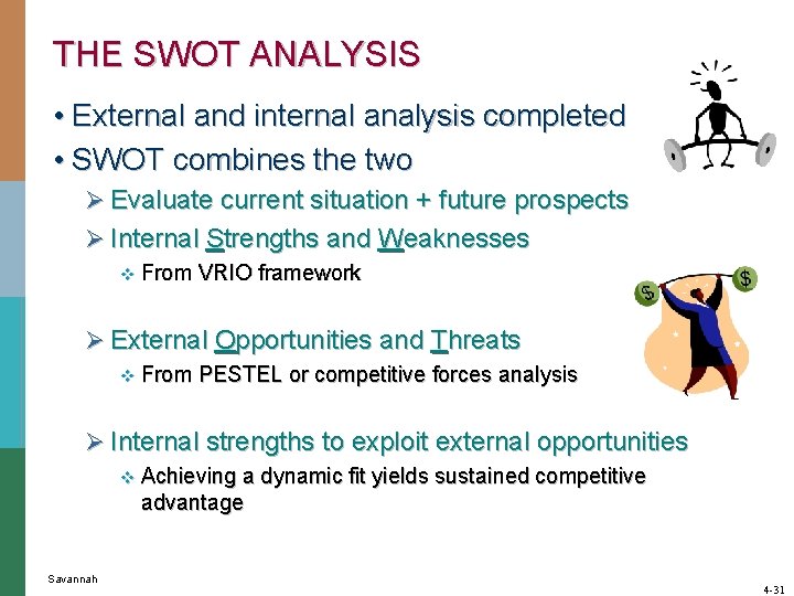 THE SWOT ANALYSIS • External and internal analysis completed • SWOT combines the two