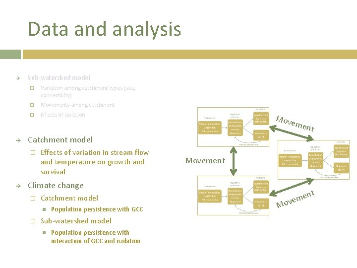 Data and analysis Sub-watershed model � Variation among catchment types (size, connectivity) � Movements