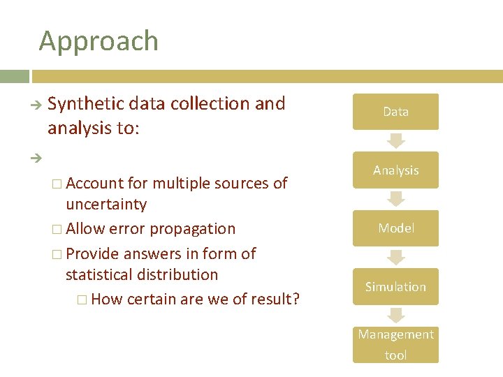 Approach Synthetic data collection and analysis to: � Account for multiple sources of uncertainty