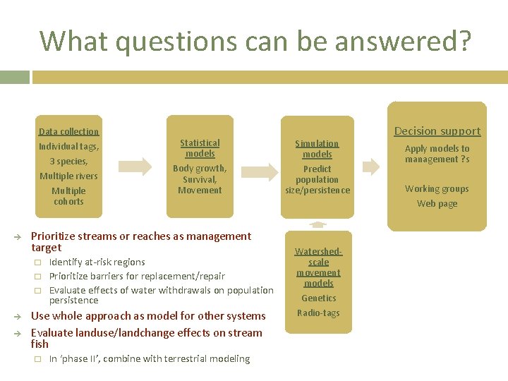 What questions can be answered? Data collection Individual tags, 3 species, Multiple rivers Multiple