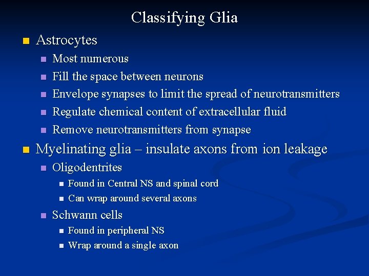 Classifying Glia n Astrocytes n n n Most numerous Fill the space between neurons