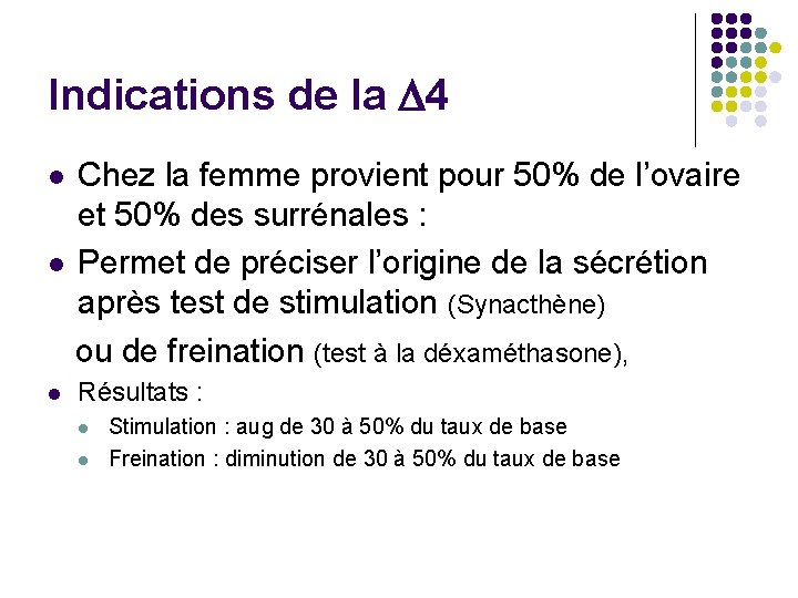 Indications de la D 4 Chez la femme provient pour 50% de l’ovaire et