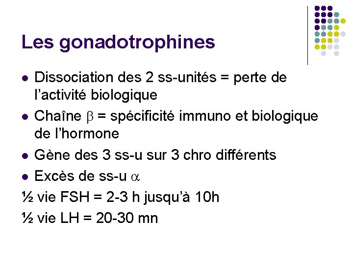 Les gonadotrophines Dissociation des 2 ss-unités = perte de l’activité biologique l Chaîne b
