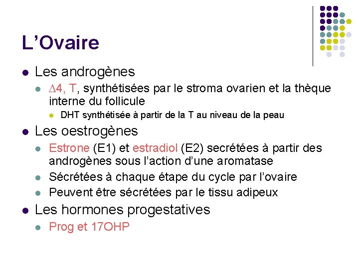 L’Ovaire l Les androgènes l D 4, T, synthétisées par le stroma ovarien et