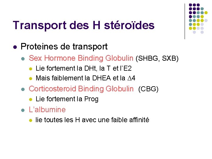 Transport des H stéroïdes l Proteines de transport l Sex Hormone Binding Globulin (SHBG,