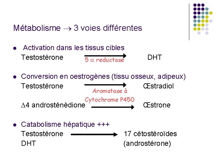 Métabolisme 3 voies différentes Métabolisme l Activation dans les tissus cibles Testostérone 5 reductase