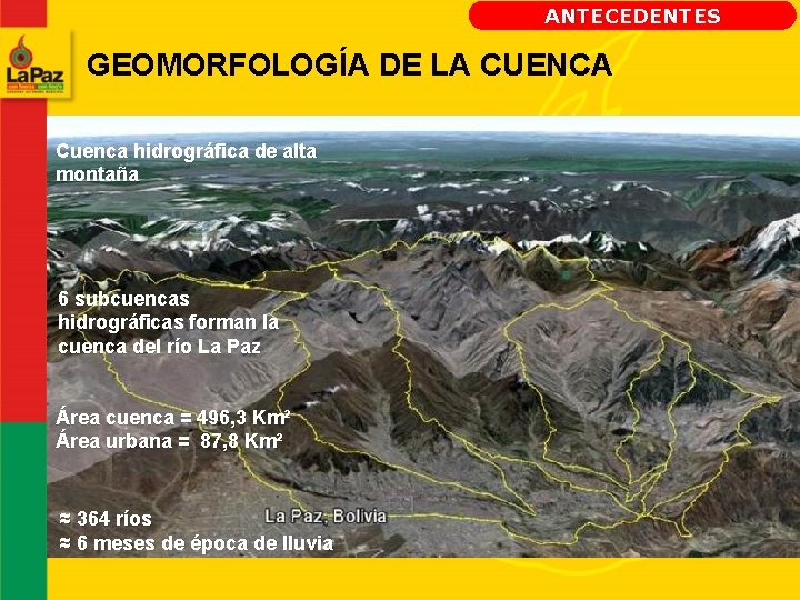 ANTECEDENTES GEOMORFOLOGÍA DE LA CUENCA Cuenca hidrográfica de alta montaña 6 subcuencas hidrográficas forman