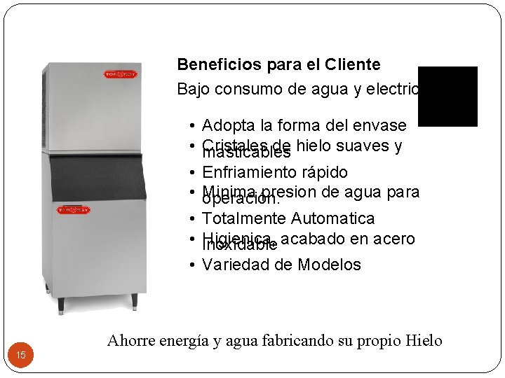 Beneficios para el Cliente Bajo consumo de agua y electricidad • Adopta la forma