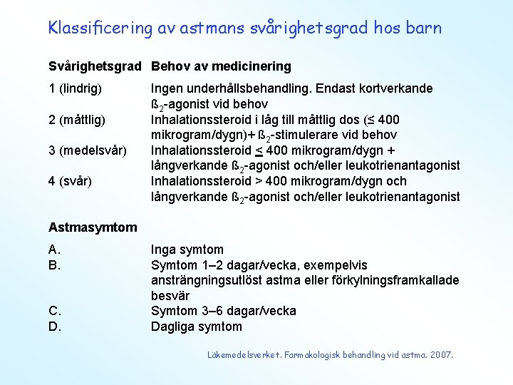 Klassiﬁcering av astmans svårighetsgrad hos barn Svårighetsgrad Behov av medicinering 1 (lindrig) 2 (måttlig)
