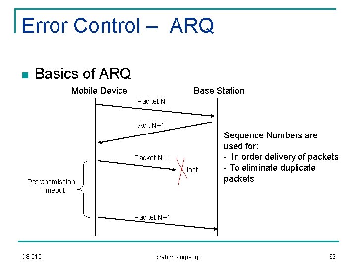 Error Control – ARQ n Basics of ARQ Mobile Device Base Station Packet N