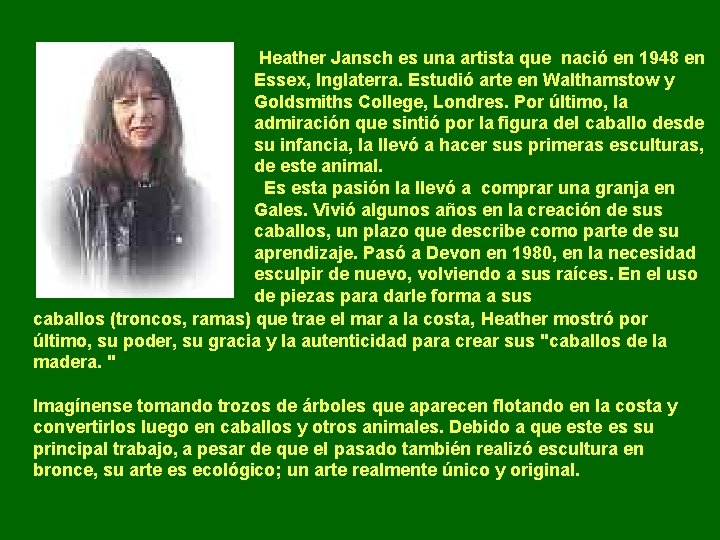 Heather Jansch es una artista que nació en 1948 en Essex, Inglaterra. Estudió arte