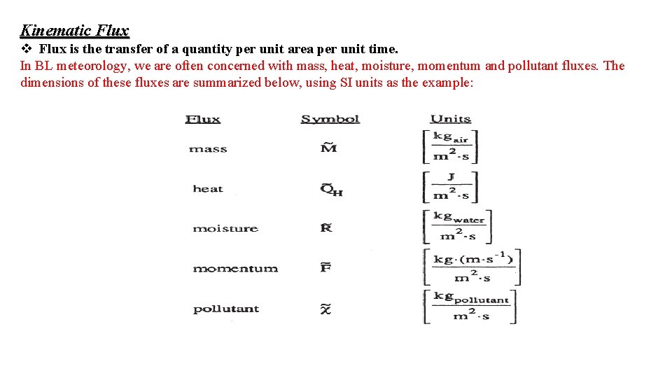 Kinematic Flux v Flux is the transfer of a quantity per unit area per