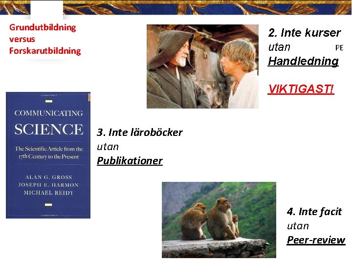 Grundutbildning versus Forskarutbildning 2. Inte kurser PE utan Handledning VIKTIGAST! 3. Inte läroböcker utan