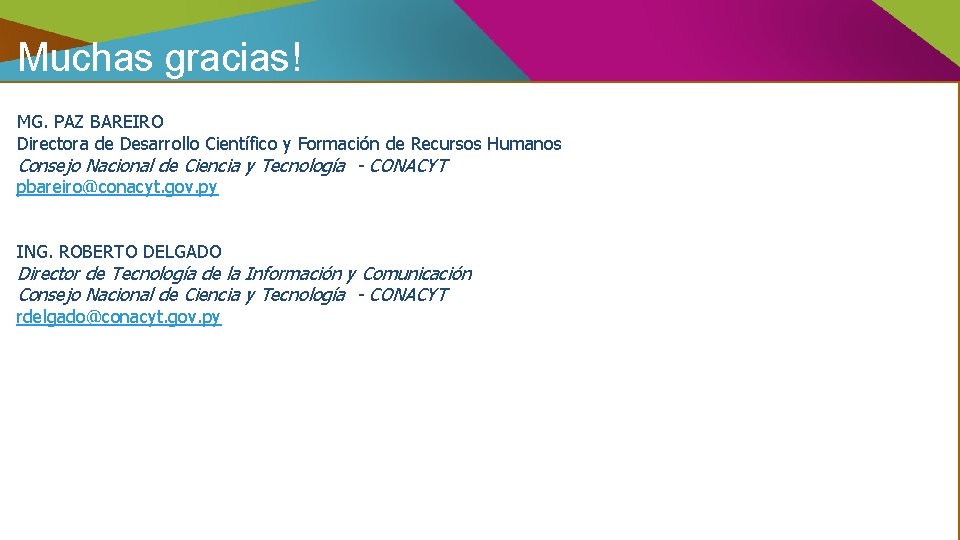 Muchas gracias! MG. PAZ BAREIRO Directora de Desarrollo Científico y Formación de Recursos Humanos