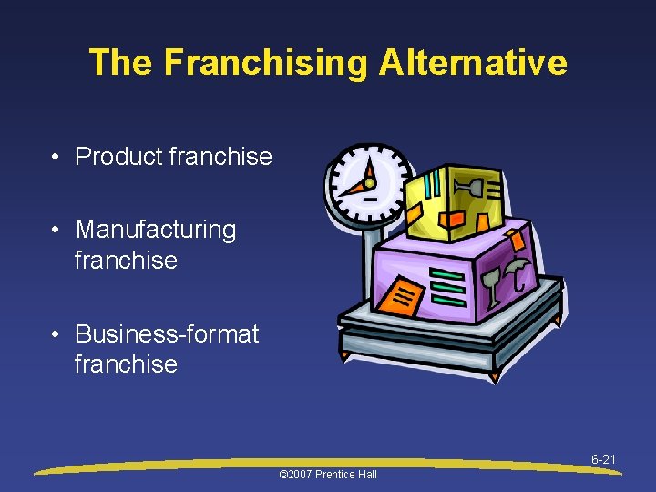 The Franchising Alternative • Product franchise • Manufacturing franchise • Business-format franchise 6 -21