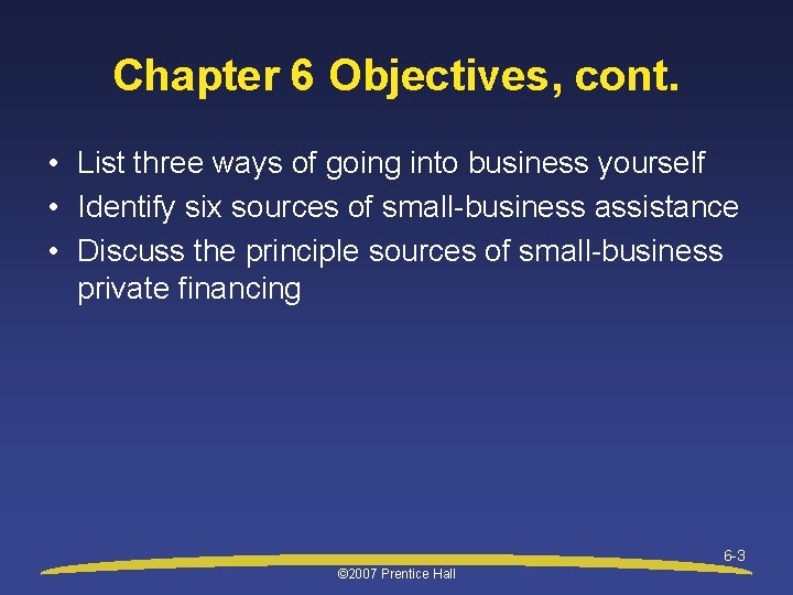 Chapter 6 Objectives, cont. • List three ways of going into business yourself •