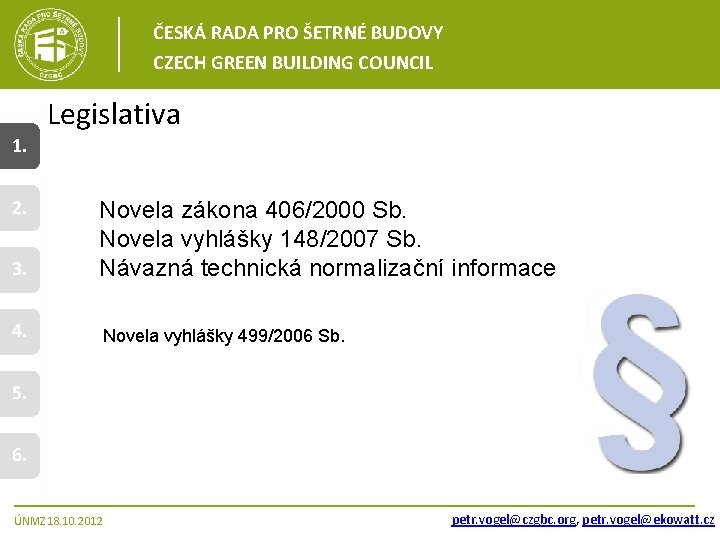 ČESKÁ RADA PRO ŠETRNÉ BUDOVY CZECH GREEN BUILDING COUNCIL Legislativa 1. 2. 3. Novela