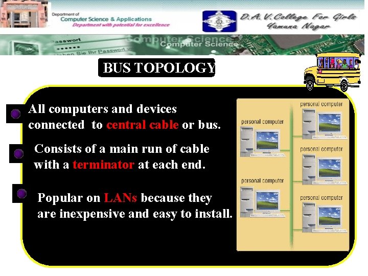 BUS TOPOLOGY All computers and devices connected to central cable or bus. Consists of