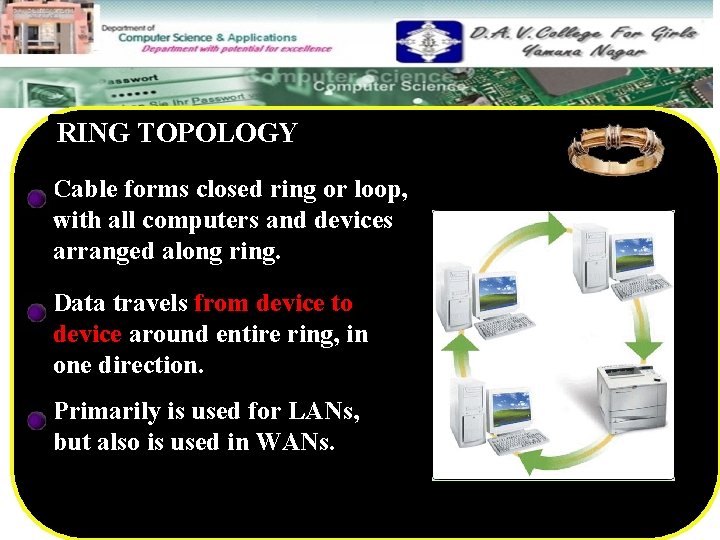 RING TOPOLOGY Cable forms closed ring or loop, with all computers and devices arranged