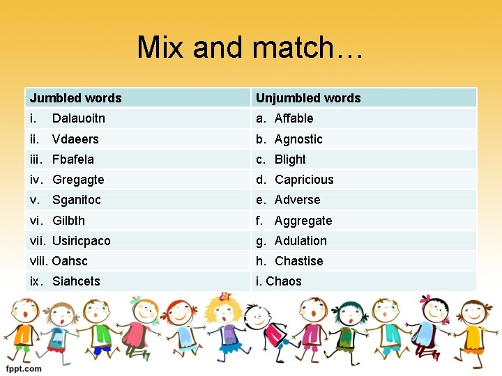 Mix and match… Jumbled words Unjumbled words i. a. Affable Dalauoitn ii. Vdaeers b.