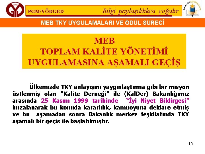 PGM/YÖDGED Bilgi paylaşıldıkça çoğalır MEB TKY UYGULAMALARI VE ÖDÜL SÜRECİ MEB TOPLAM KALİTE YÖNETİMİ
