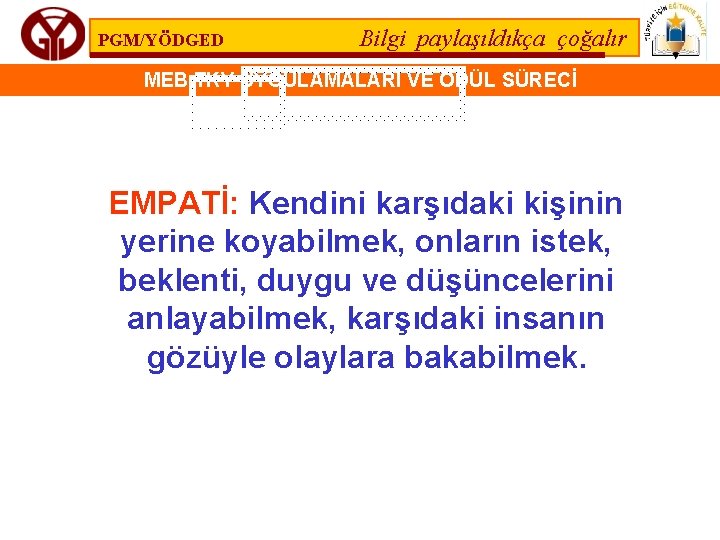 PGM/YÖDGED Bilgi paylaşıldıkça çoğalır MEB TKY UYGULAMALARI VE ÖDÜL SÜRECİ EMPATİ: Kendini karşıdaki kişinin